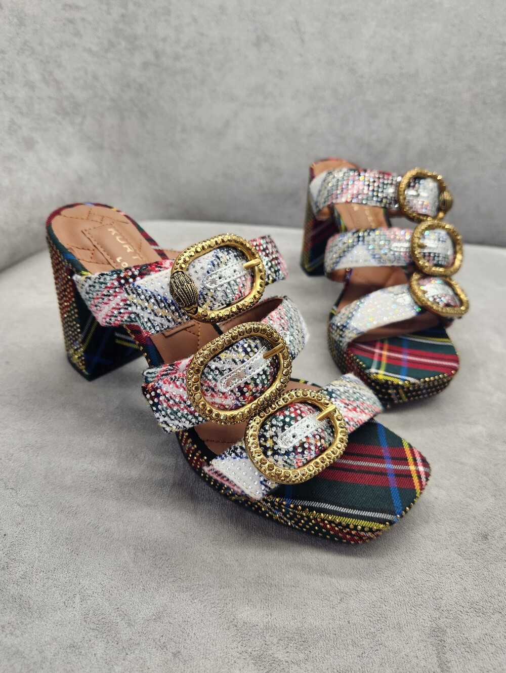 Kurt Geiger Heeled Mules 10 Plaid Mayfair Buckle Chunky Platform Sandal New $245 - Picture 8 of 16